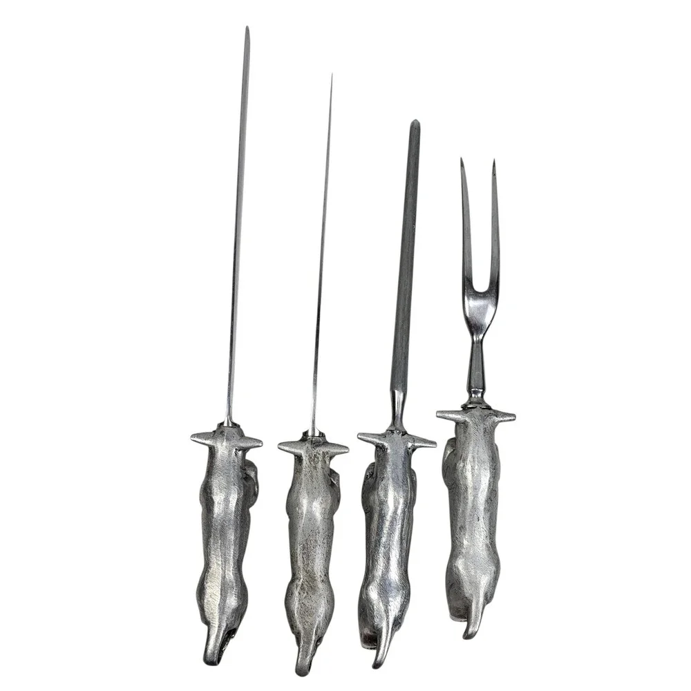Vintage Bruce Fox Solingen‎ Germany Bull Steer Carving Set 4pc Chrome Steel MCM